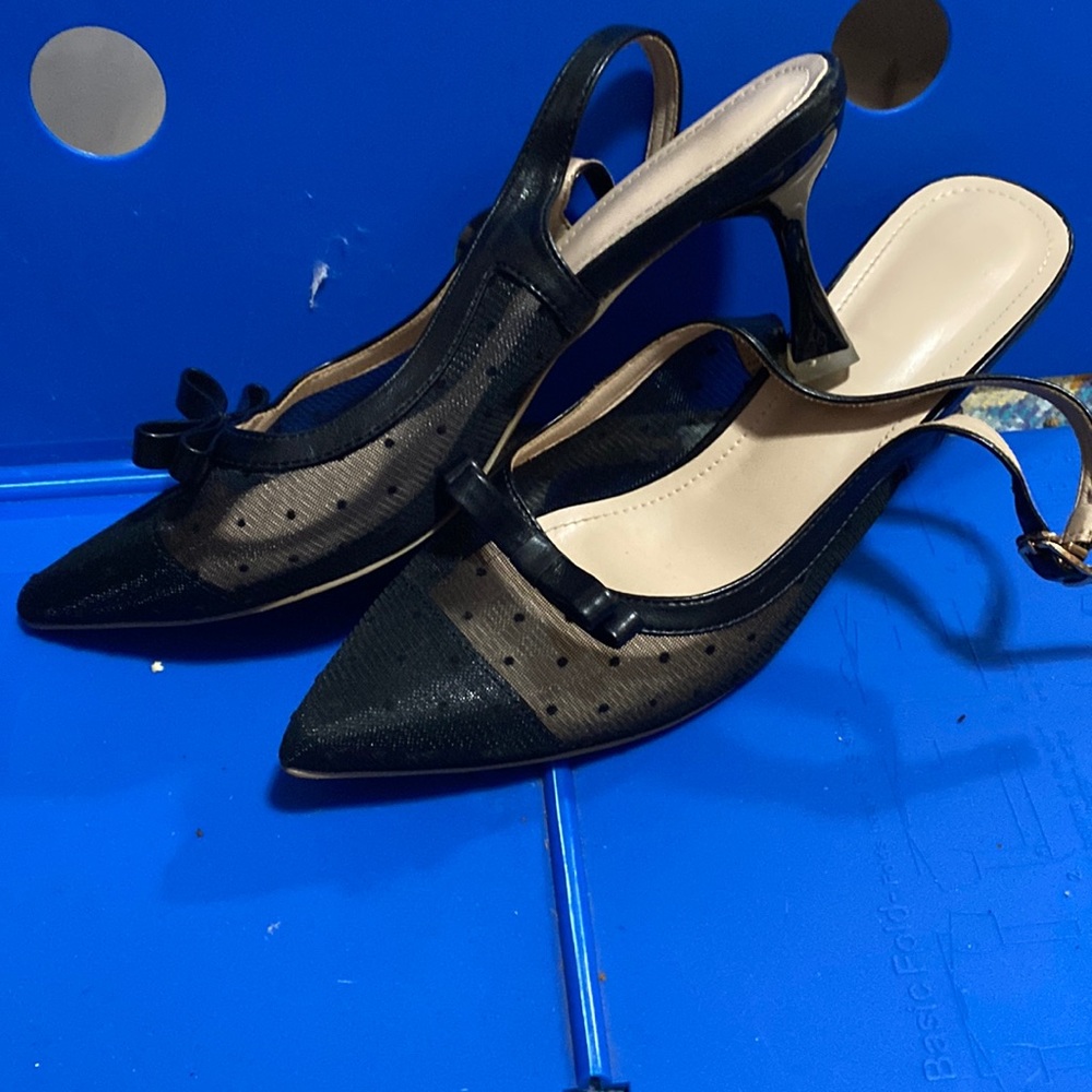 Black Mesh Closed Toe Back Strap Heels
